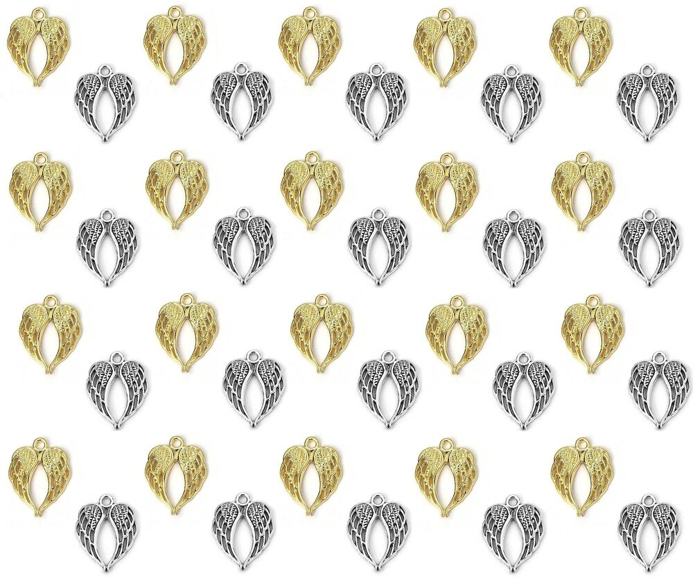 4357 Angel Wings Pendant Charm - 100 Pack 50 Silver, 50 Gold Toned DIY